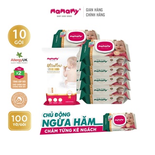 Combo 10 Khăn giấy ướt 100 tờ và 3 miếng tã dán có nắp chủ động ngừa hăm Mamamy Không mùi/Mùi dịu nhẹ an toàn cho bé