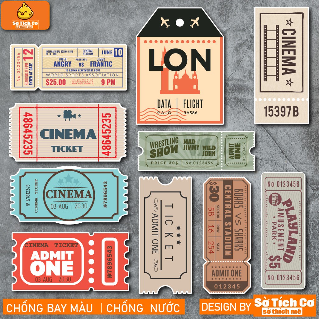 Vintage Ticket chống nước sticker dán laptop, điện thoại, đàn guitar, mũ bảo hiểm, vali. MSP: NS22