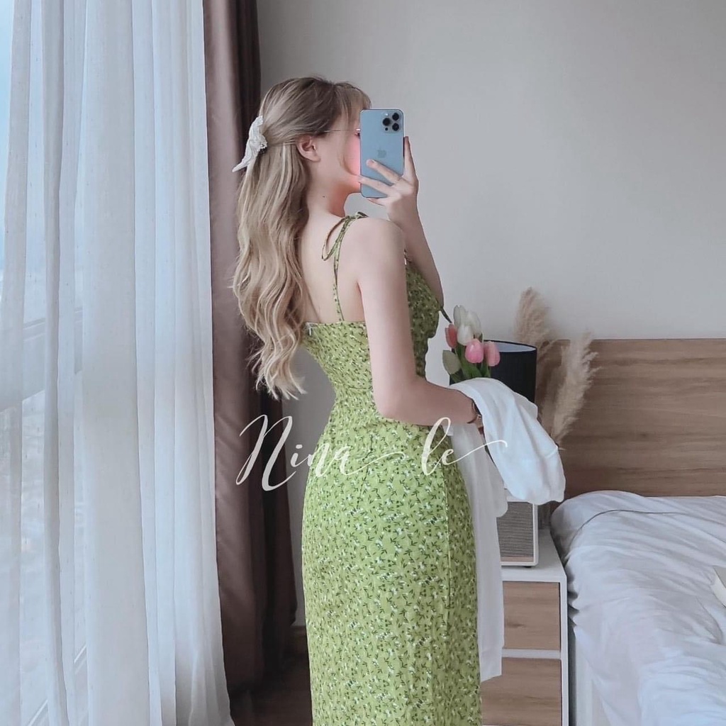 Đầm Lụa Hoa MTB Đầm Maxi 2 Dây Hoa Màu Xanh lá Kèm áo Khoác Gân Bên Ngoài