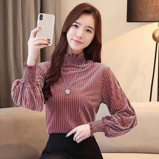 Áo Nhung Tay Phồng Cổ Cao Xinh Xắn Dành Cho Nữ