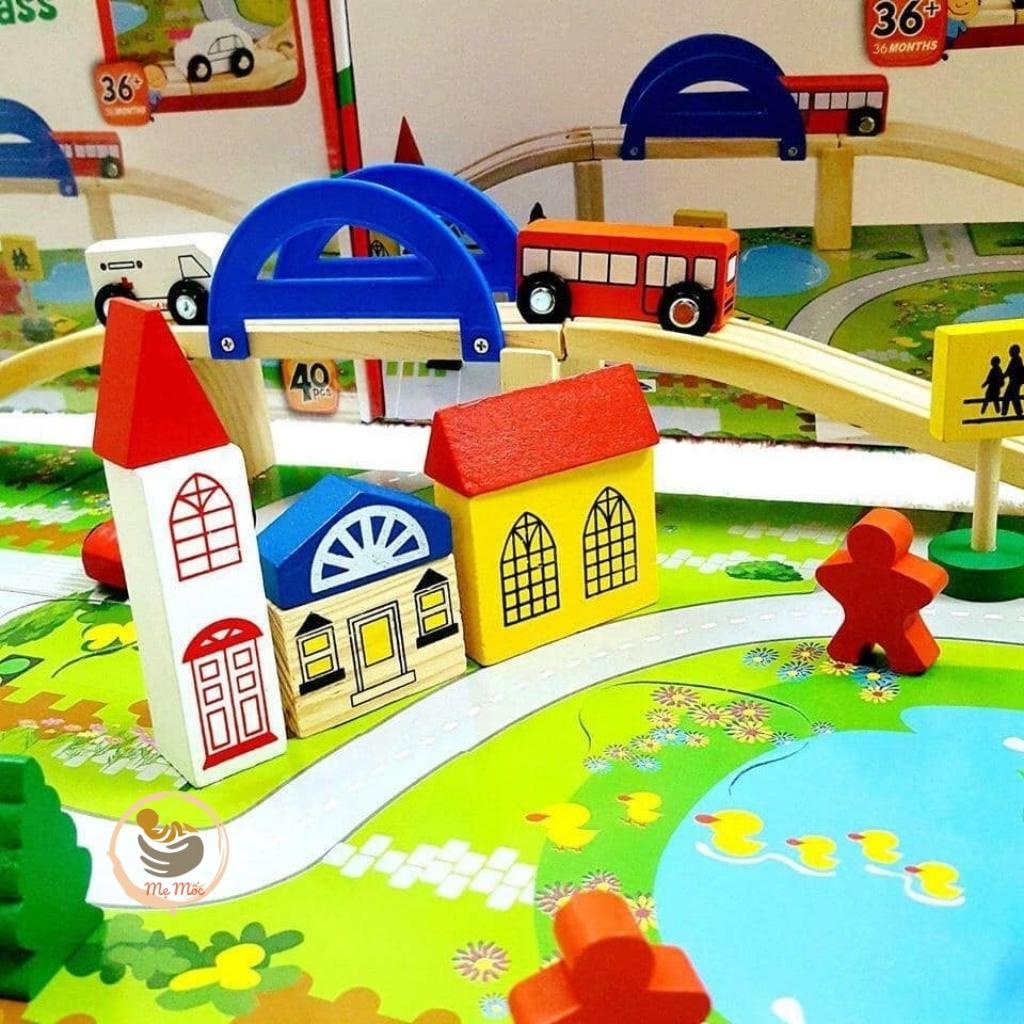 Bộ Mô Hình Giao Thông Gỗ Rail Overpass, Đồ Chơi Đường Ray Cầu Vượt Kèm 4 Ô Tô Cho Bé, Shop Mẹ Mốc