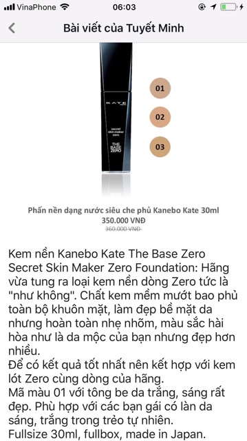 Kem nền dạng nước siêu che phủ - Kem nền Kanebo Kate The Base Zero Secret Skin Maker Zero Foundation