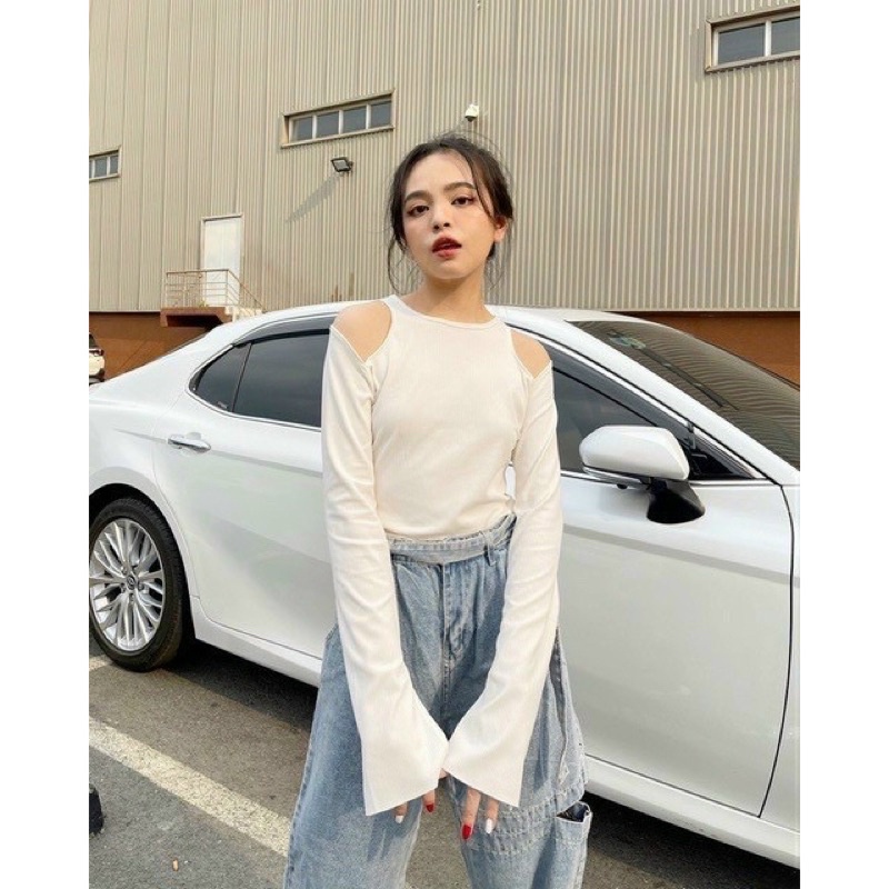 [HOT] ÁO CROPTOP TAY DÀI KHOÉT VAI THUN GÂN, Chizi Shop