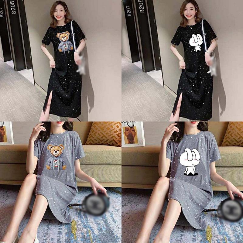 Korean Style Women Cartoon Print O-Neck Loose Casual T Shirt Dresses