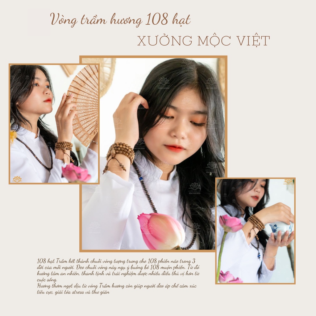 Vòng Tay Trầm Hương Chuỗi Tràng Hạt 108 Xưởng Mộc Việt - Trầm Tóc Size 6/7/8mm Dành Cho Nam Nữ Mang Lại May Mắn Bình An