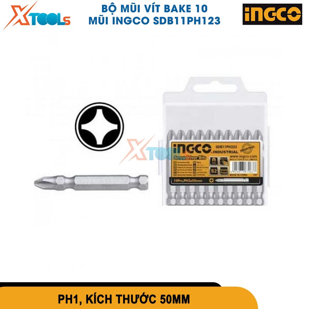 Bộ 10 đầu bắn vít bake INGCO PH1/2/3x50mm Ingco thép công nghiệp mạ niken, mũi vít bake nhiều size [CHÍNH HÃNG][XTOOLS]