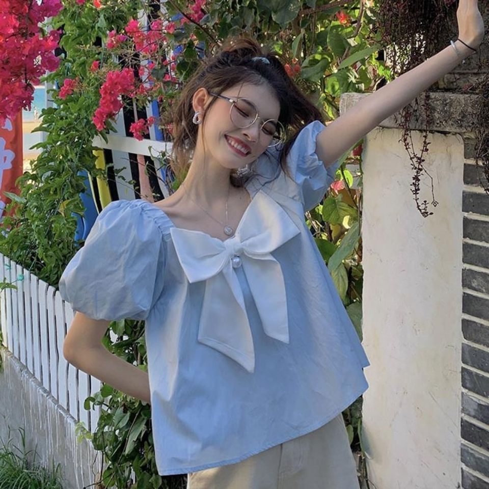Áo Sơ Mi Ngắn Tay Đính Nơ Thời Trang Dành Cho Nữ