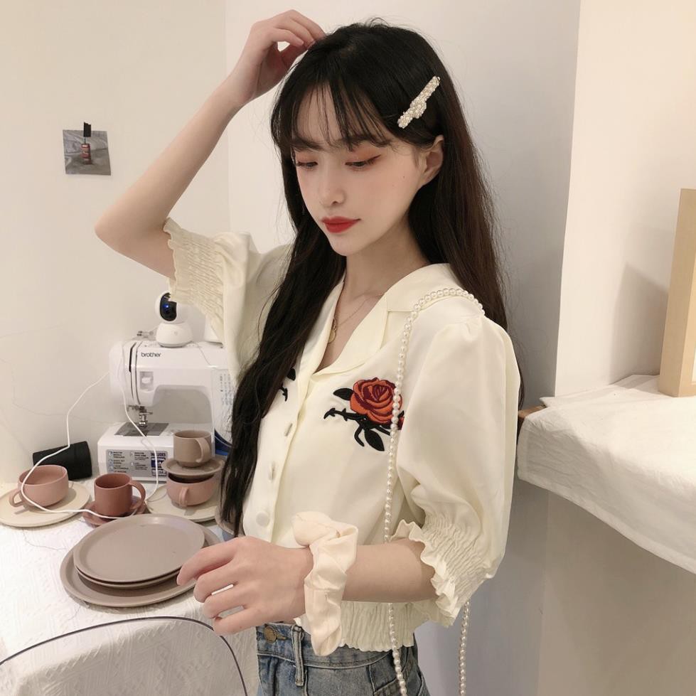 Áo Sơ Mi Xiaozhainv Cổ V Tay Ngắn Thêu Hoa Hồng Thời Trang Retro ◦ ྆