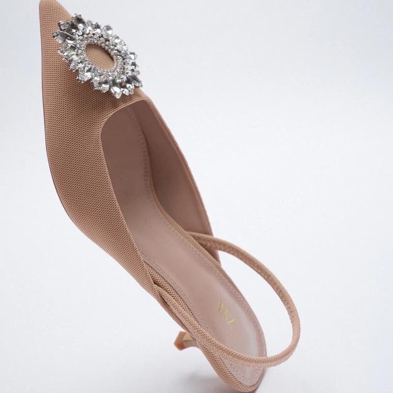 [Joiehome] Giày cao gót slingback mũi đính đá nhân tạo phủ lưới màu nude đẹp sang chảnh