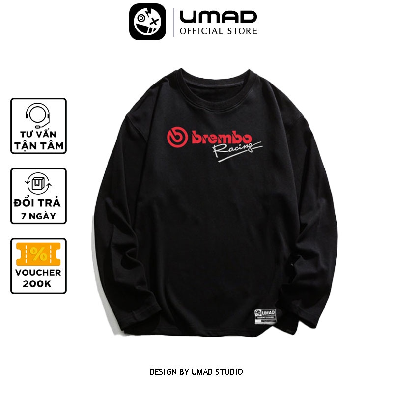 Áo thun tay dài UMAD racing boy BREMBO v.2 phản quang cổ tròn tay ngắn màu đen có size 100kg mẫu Biker xe độ, xe đua rcb