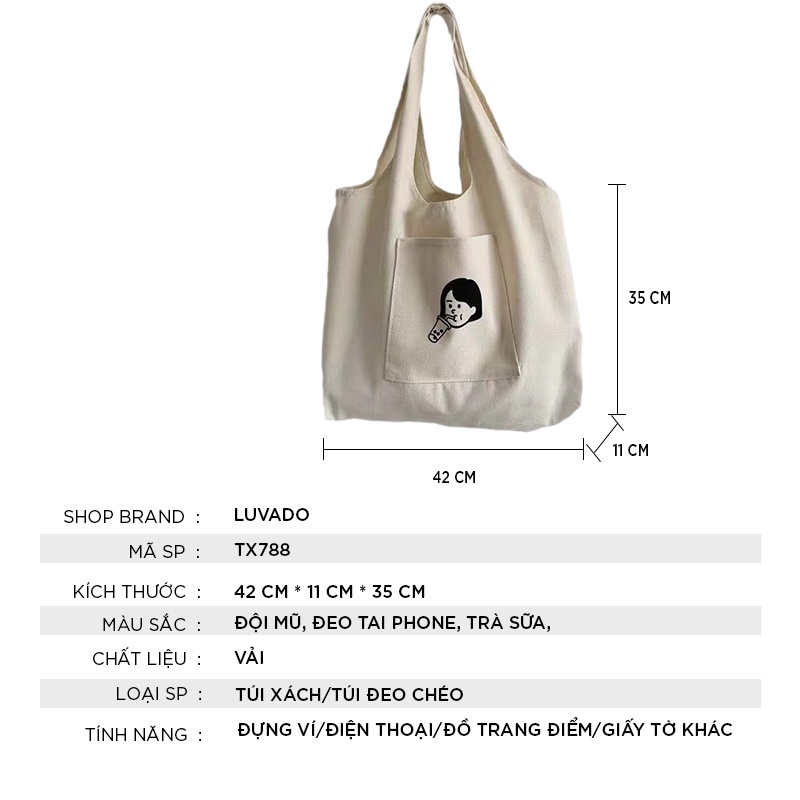 Túi tote canvas đeo chéo giá rẻ trơn vải mềm đi học LUVADO TX788