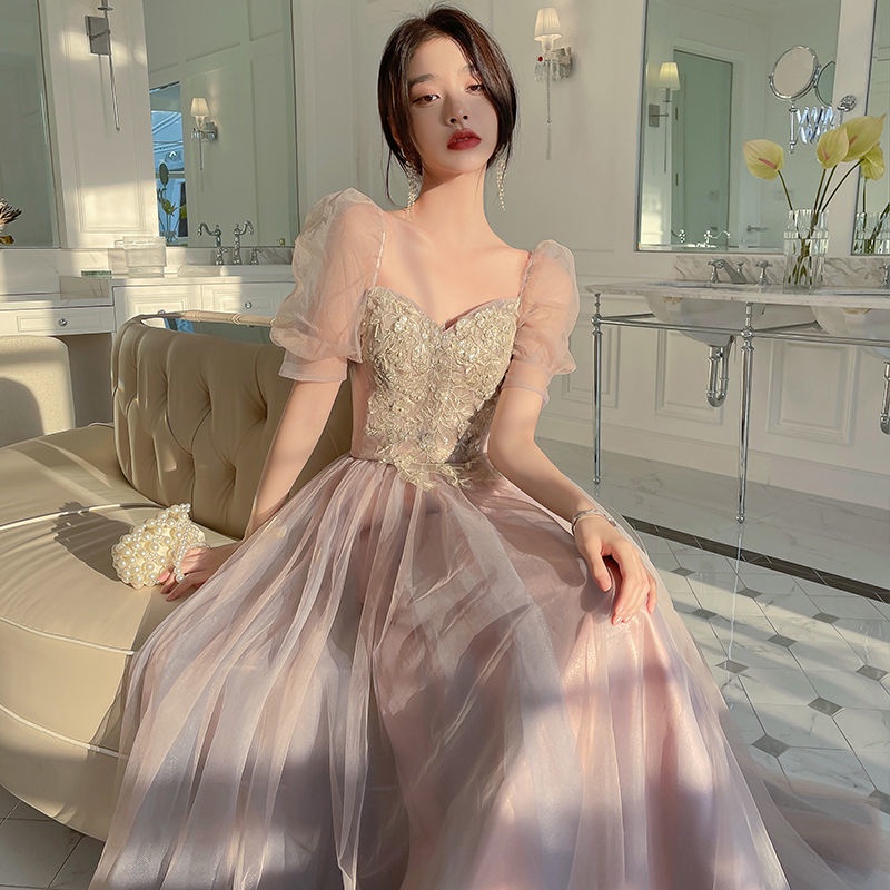 Đầm phù dâu tay dài màu hồng thiết kế mới xinh xắn thời trang mùa đông dành cho nữ