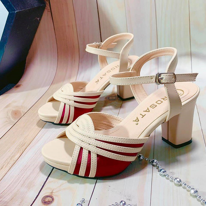 Giày sandal nữ cao gót 7 phân hai màu đen kem hàng hiệu rosata ro279