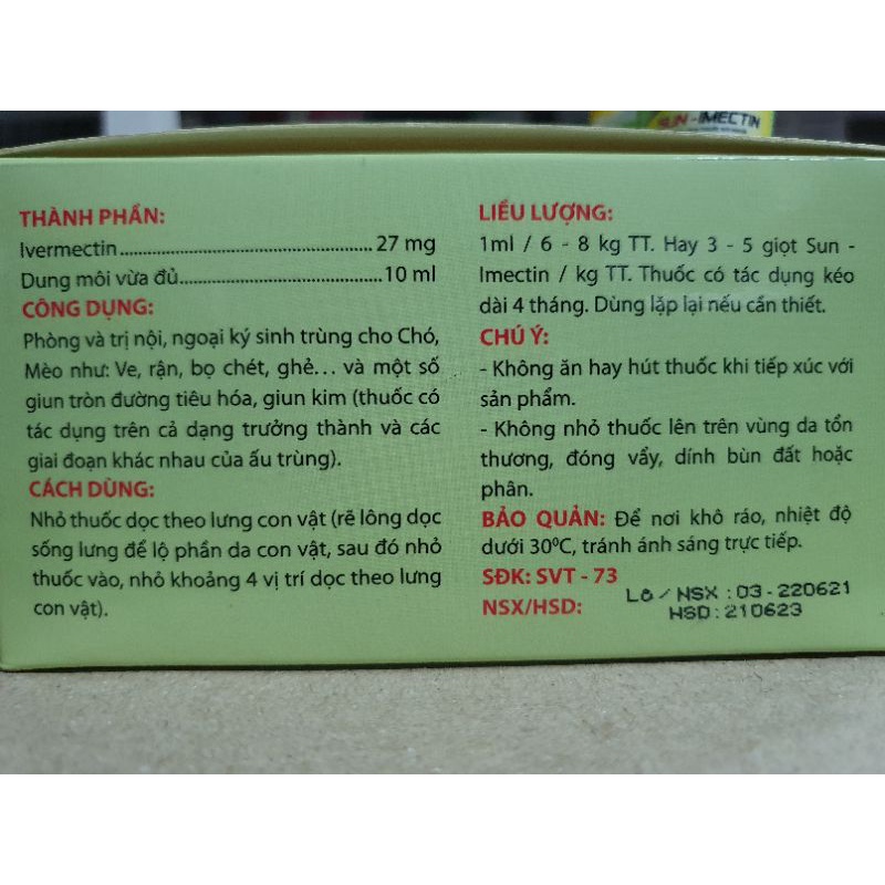 Dung dịch nhỏ sống lưng chó mèo diệt ve, ghẻ, rận, bọ chét Sun imectin lọ 10ml