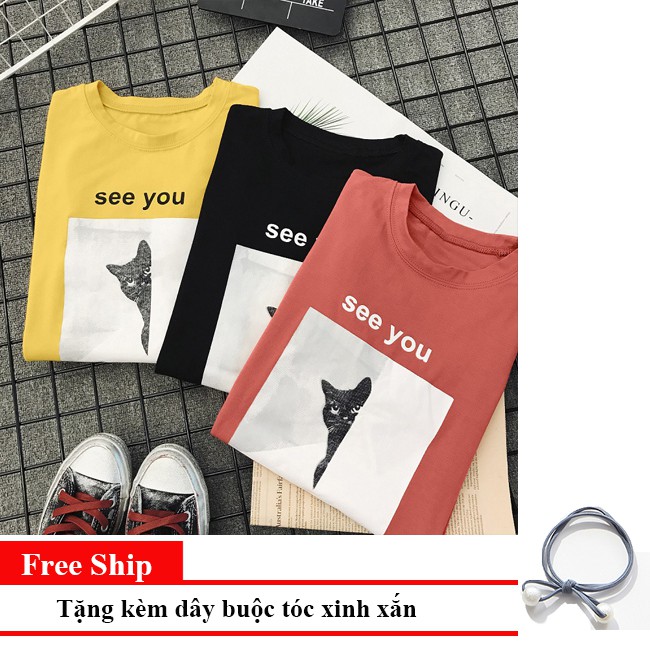 Áo Thun Kiểu Phông Thời Trang Cổ Tròn Tay Ngắn Mèo Con Mùa Dáng Hàn Quốc