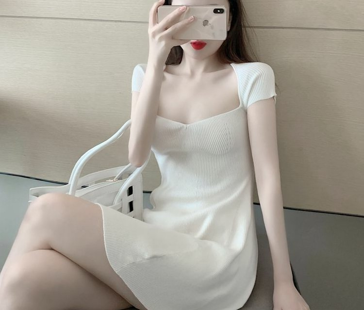 SUXI Đầm dệt kim ngắn tay cổ vuông thiết kế xinh xắn dành cho nữ