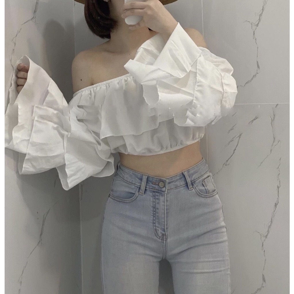 Áo Croptop Trễ Vai RANSHI Áo Bánh Bèo Hở Vai Ống Tay Dạng Loe Thiết Kế Mới Lạ Siêu Xinh Xắn Hấp Dẫn - RA060