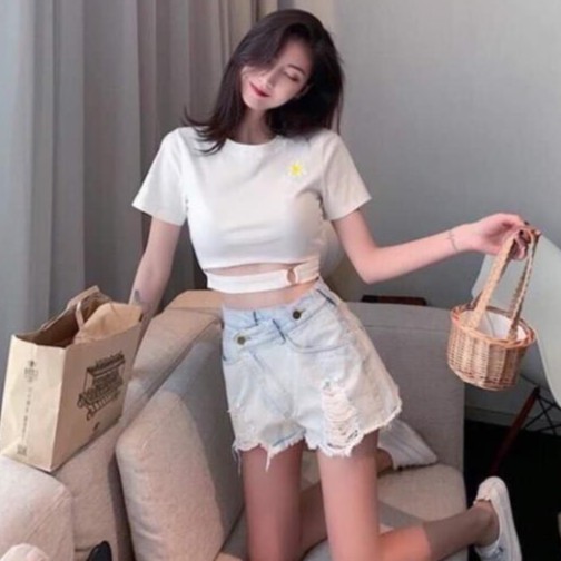 Áo Croptop Thêu Hoa Cúc Phối Khoen Eo Borip Thun Gân Nữ Cá Tính Màu Tím/Đen/Trắng/Vàng DRACR15 Mys hitshop | WebRaoVat - webraovat.net.vn