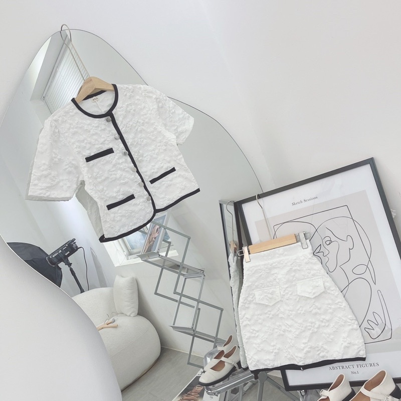 SET ÁO XỐP NÚT TAY PHỒNG CHÂN VÁY TRẮNG ✨✨✨