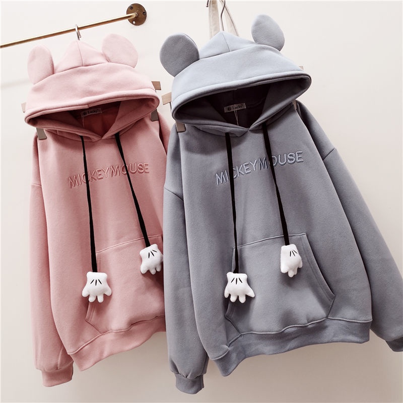 Áo hoodie dáng rộng hình tai gấu dễ thương bằng lông cừu tay dài kiểu thu đông cho nữ | BigBuy360 - bigbuy360.vn