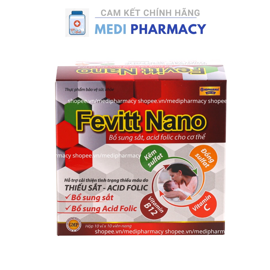 Viên uống bổ máu Fevitt Nano bổ sung Sắt, Acid Folic cho người thiếu máu - Hộp 100 viên