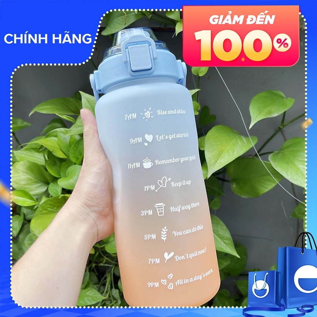 Bình dành cho người lười uống nước, có vạch chia nhắc báo giờ uống nước TẶNG ống hút xịn và sticker dễ thương - miDoctor