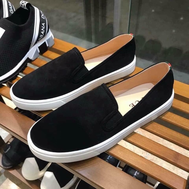 [Ảnh thật] Giày slip on da lộn trơn gót phối kẻ đơn giản trẻ trung năng động