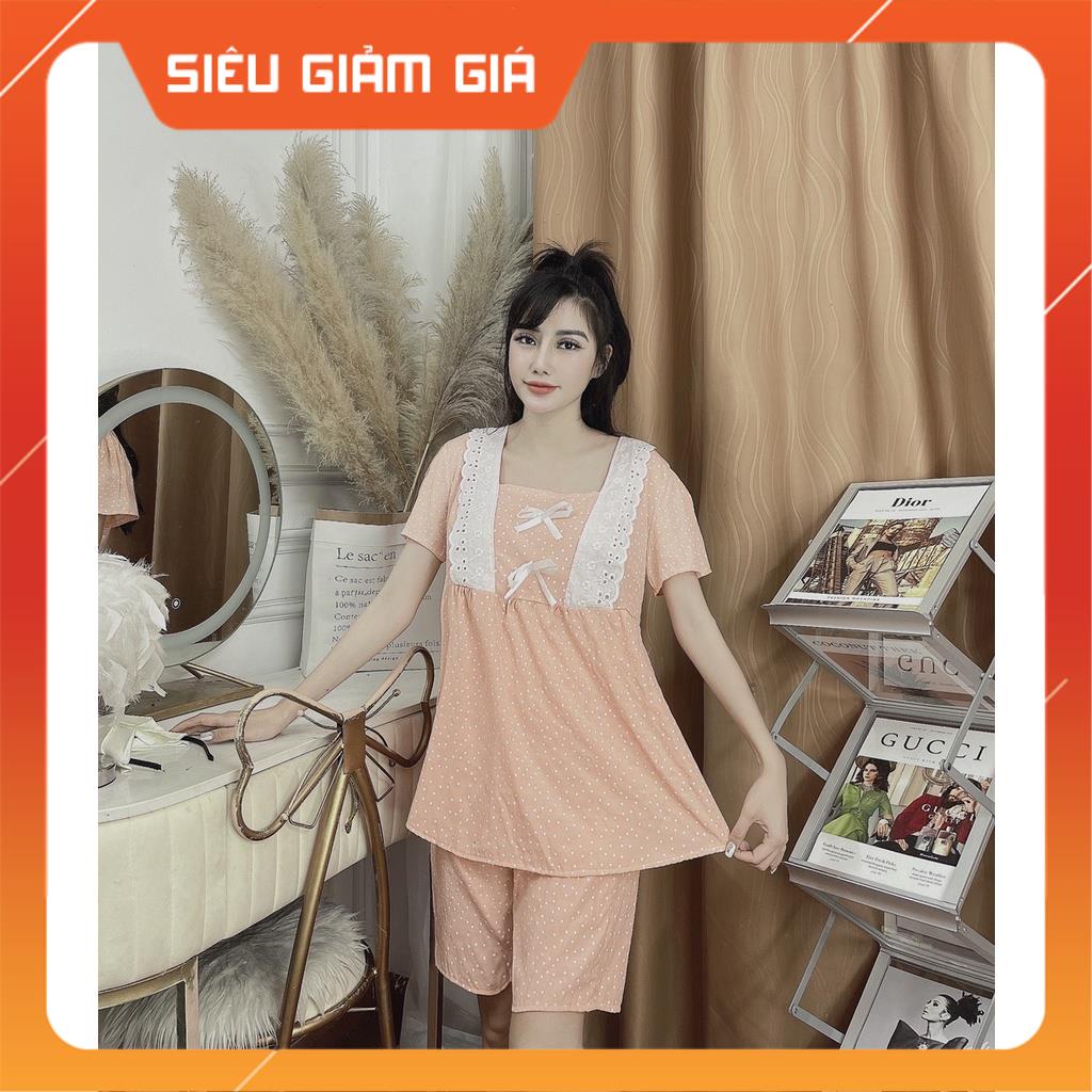 Bộ Bầu Chấm Bi siêu xinh cổ pha ren hai nơ,mặc ở nhà ra ngoài đều đc🌺bộ sau sinh siêu mát siêu mềm☘️ freesize 45-68kg