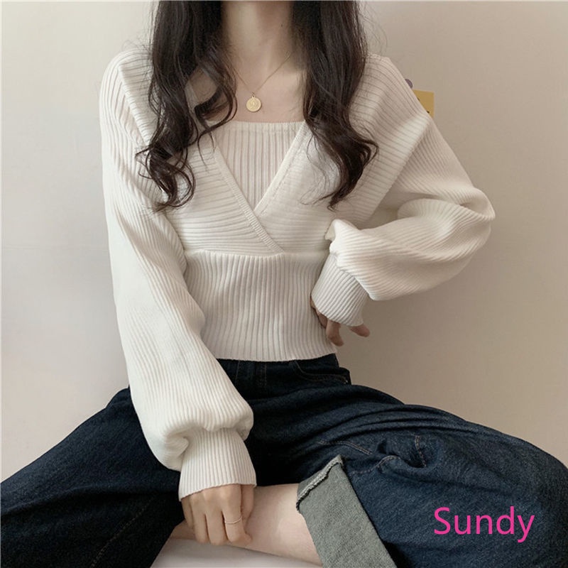 Áo sweater dệt kim tay phồng cổ chữ v phối áo dây bên trong giả 2 lớp thời trang mùa thu cho nữ | BigBuy360 - bigbuy360.vn
