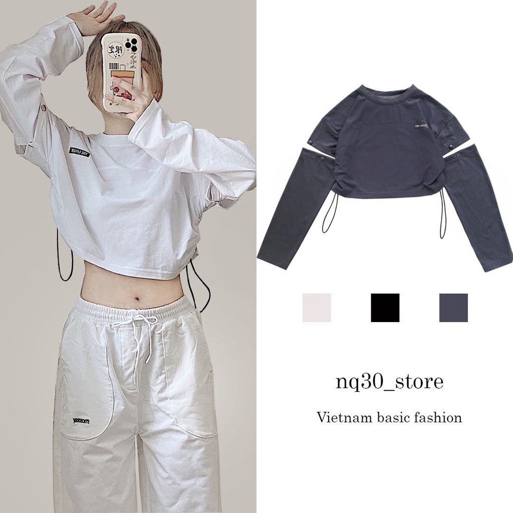 Áo Croptop Tay Dài Form Rộng Dây Rút Eo Nữ Ullzang, Áo Croptop Tay Ngắn Unisex - Hàng nhập khẩu