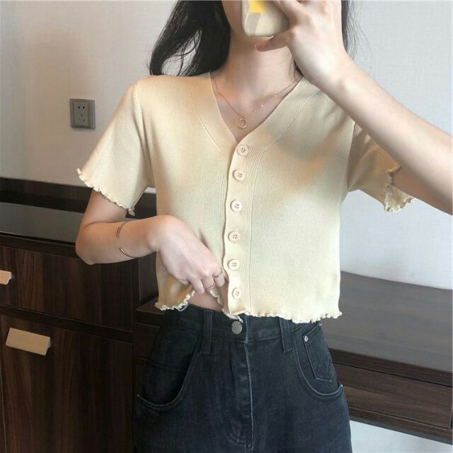 Áo thun dệt kim ngắn tay cổ V( Chất đẹp)