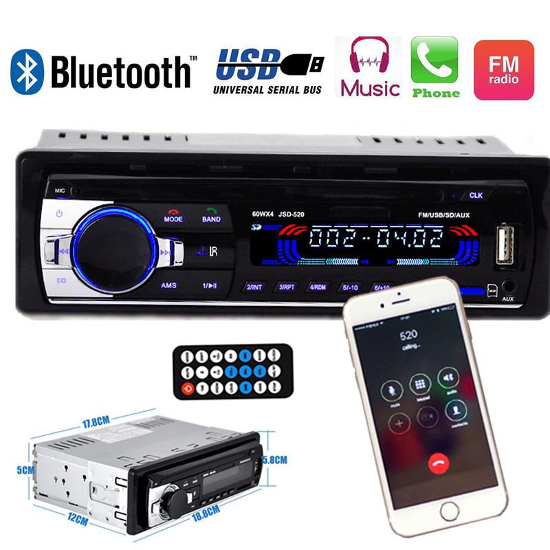 Đầu phát nhạc MP3 FM Radio 12V bluetooth V2.0 JSD 520 12 chân 1 din dành cho xe hơi loa bluetooth