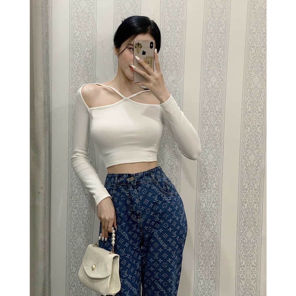 Áo croptop tay dài Mugung kiểu yếm dây chéo ngực A20