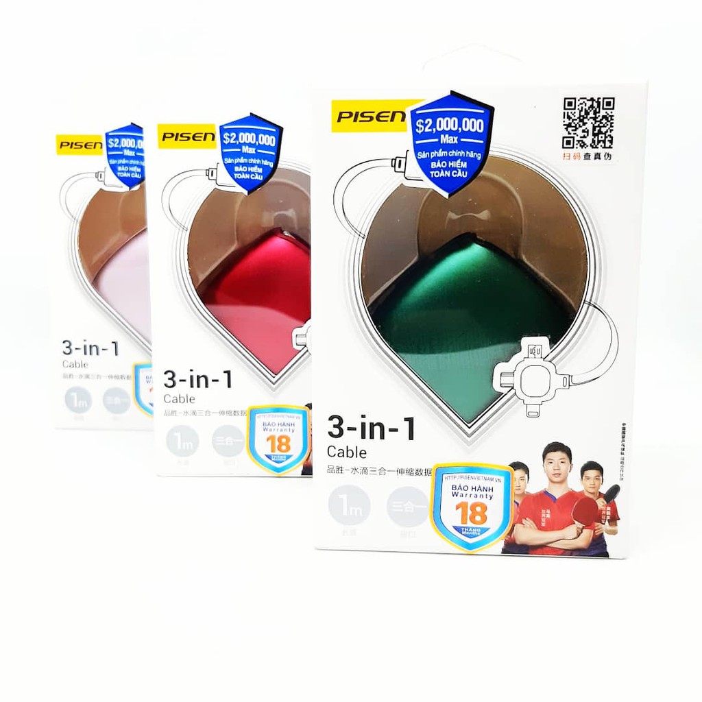 🔰 [ FREE SHIP ] Cáp PISEN 3-in-1 Lovelly Water (Lightning, Type-C, Micro, LS-AP08-1000 ) 1m ✅