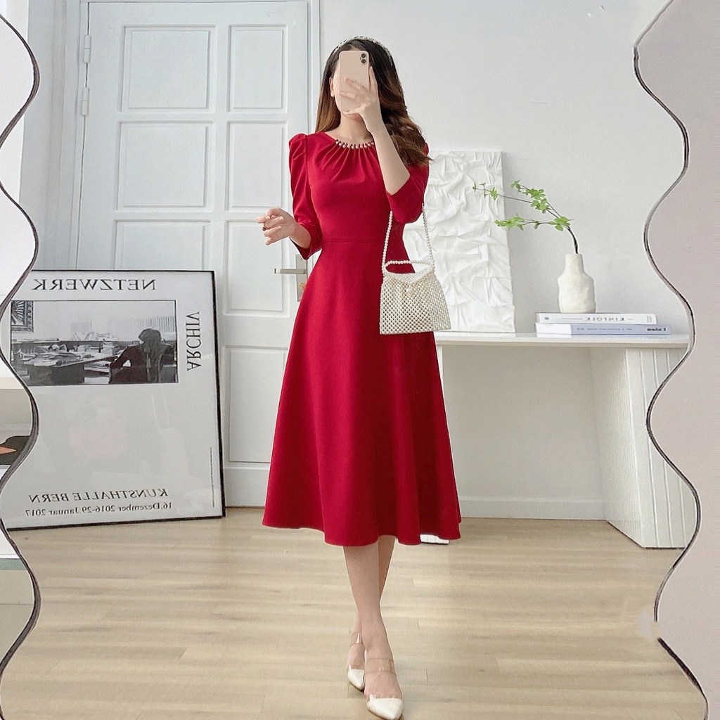 Váy dài, đầm đỏ nhung dài tay cổ tròn đính ngọc 2 lớp cao cấp chính hãng Giian - V2432 | WebRaoVat - webraovat.net.vn