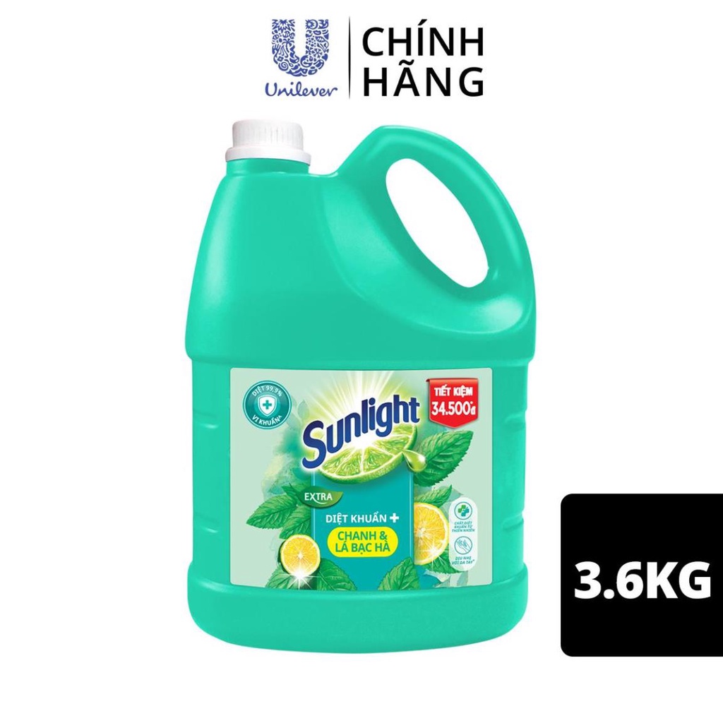 Nước rửa chén Sunlight CAN 3.6KG DIỆT KHUẨN CHANH & LÁ BẠC HÀ
