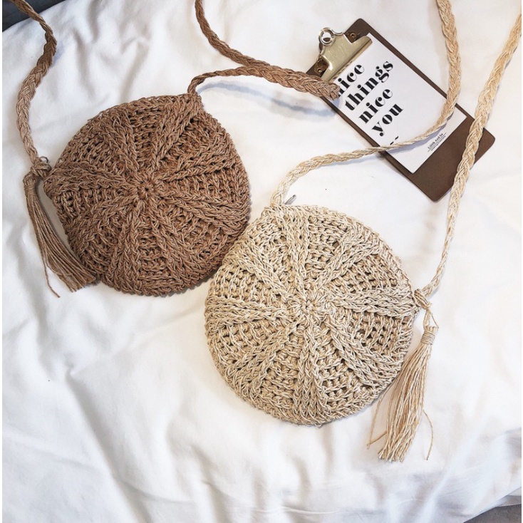 Túi xách dáng tròn đan sợi cói thời trang đi biển cho nữ