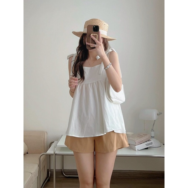 Set áo 2 dây babydoll đũi thô thắt nơ vai  Pea  Store