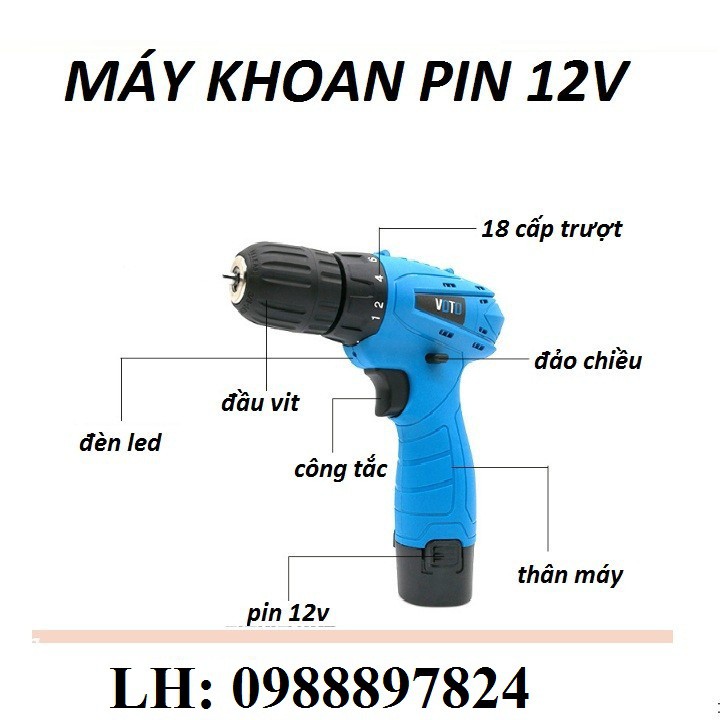 Máy khoan pin - Máy vặn vít VOTO 12V - DÙNG PIN KHÔNG DÂY, 1 PIN