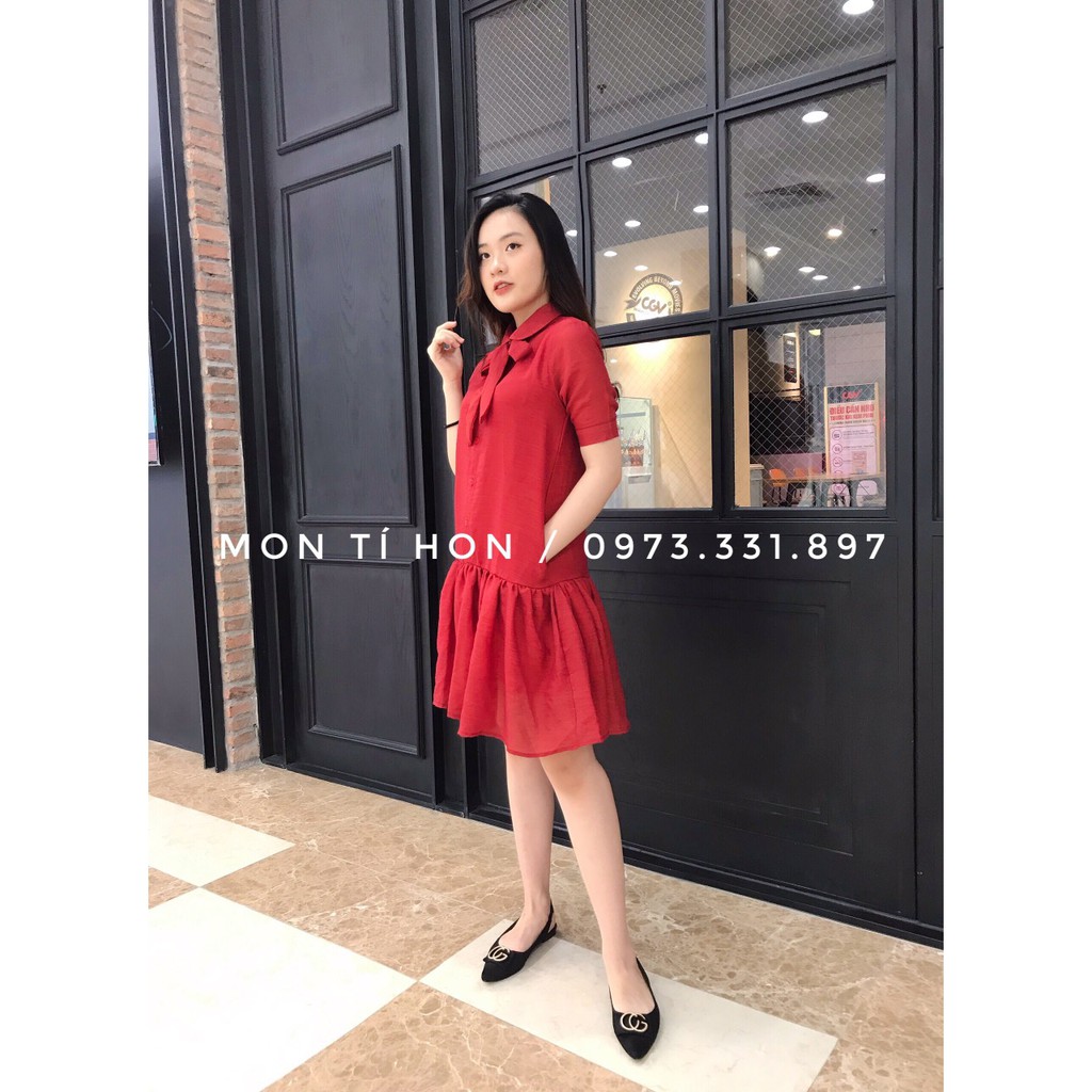 Váy Bầu suông | Đầm bầu thiết kế Dáng đuôi cá nơ cổ vải Tơ - Size M/L/XL