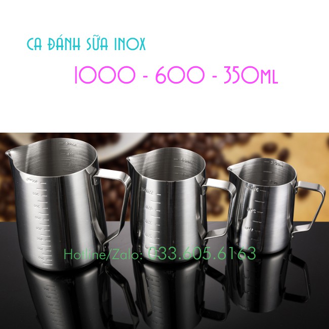 Ca đánh sữa inox có vạch chia 350ml - 550ml - 900ml Chuẩn inox - Dụng cụ pha chế TV