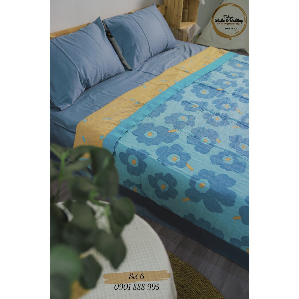 Set 06 _ Chăn Xô Cotton Sợi tre Organic dòng Basic &amp; Ga gối Lụa