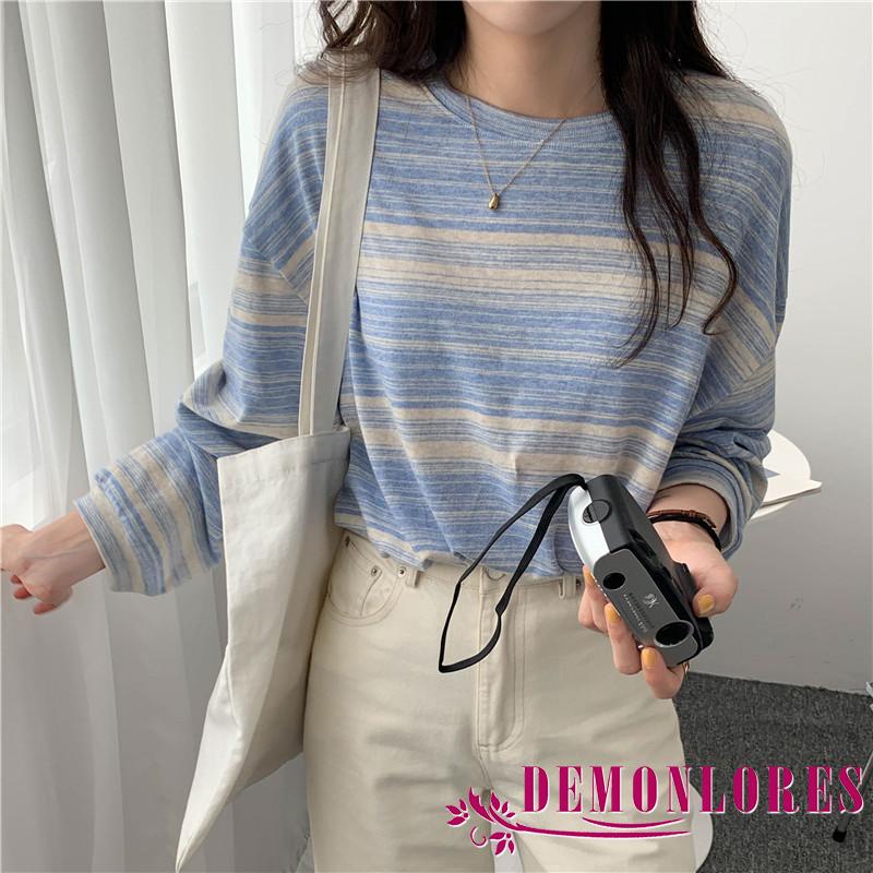 Áo thun tay dài cổ tròn họa tiết kẻ sọc thời trang mùa thu cho nữ