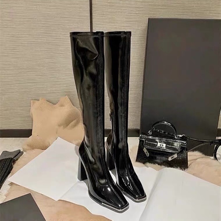 SẴN Giày boots cao gót nữ gầy nhưng đến đầu gối mùa thu mới  sáng chế da cao gót mũi vuông giữa ống mỏng