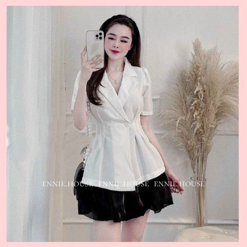 Set Bộ Áo Vest Blazer Kèm Chân Váy Chất Liệu Cotton + Polyester Pha Trộn 2 Màu Trắng Đen Ennie Có Ảnh Cận Chất CD014