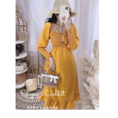 Đầm tay phồng dáng dài nhún ngực Ulzzang siêu sang Váy tay phồng Váy tay dài Đầm dáng dài Đầm tiểu thư công chúaLinh Htt
