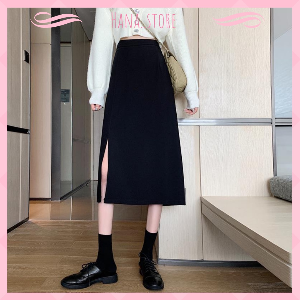 Chân Váy Chữ A Dài Chân Váy Đen Trơn Dài Qua Gối Xẻ Tà Nhẹ Nhàng