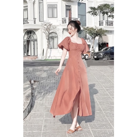 Đầm midi trắng cổ vuông nhún ngực nút bọc tay phồng (về thêm xanh, đỏ, nude, cam) | BigBuy360 - bigbuy360.vn