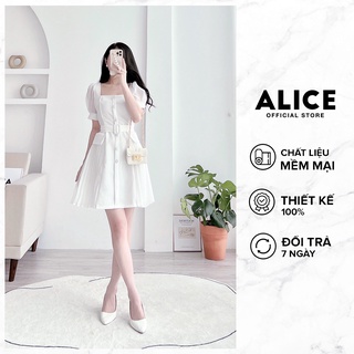 Váy Công Sở Nữ Cổ Vuông ALICE Chất Vải Mango Phối Tơ Óng Thiết Kế Dập Li 2 Bên Kèm Đai Eo V830
