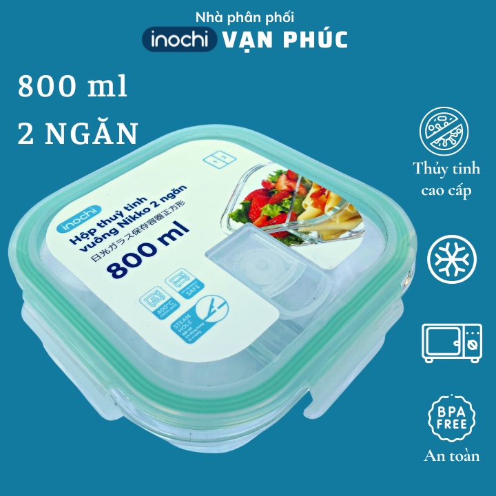 Hộp cơm thủy tinh vuông 2 ngăn 800 ml, đựng thức ăn văn phòng, thực phẩm, Inochi Nikko Nhật Bản, chịu nhiệt, Vạn Phúc